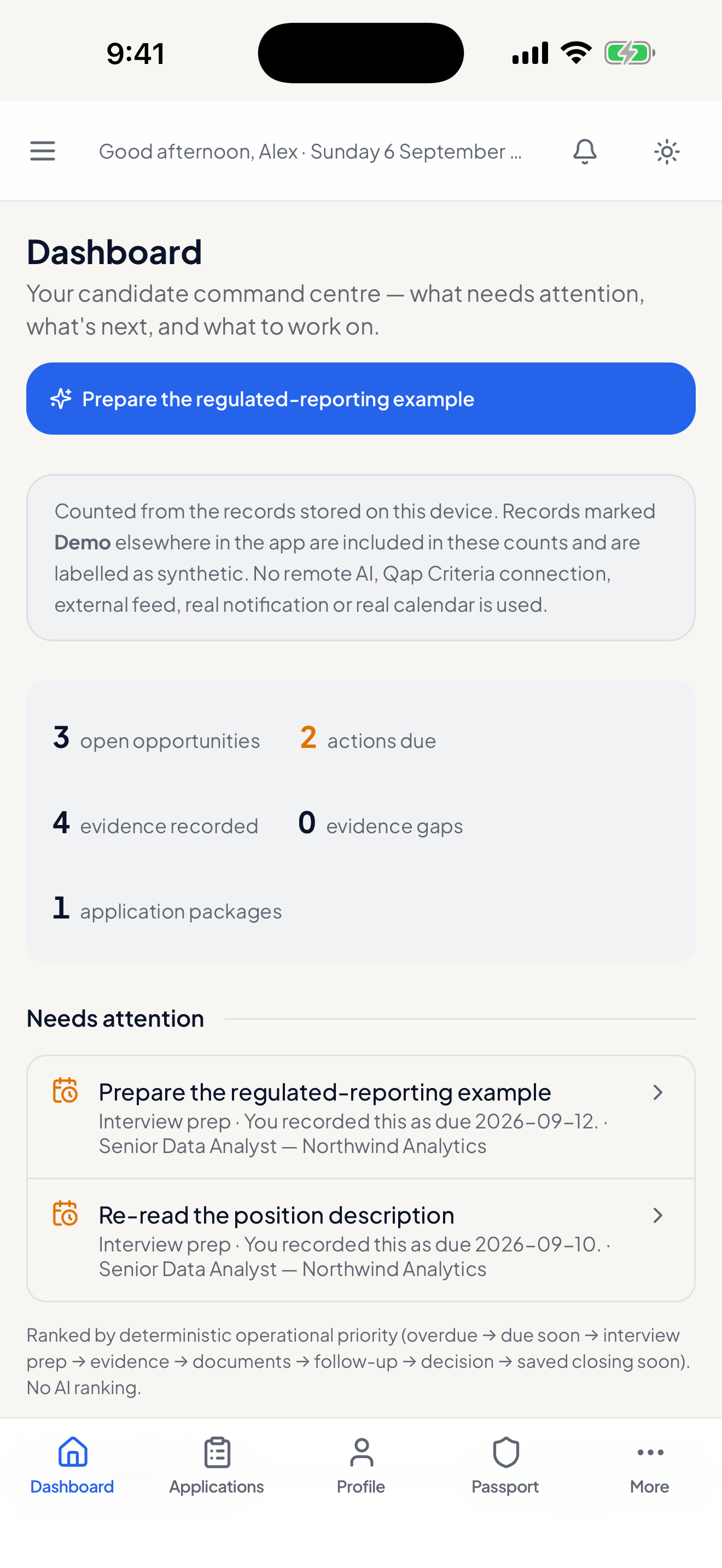 The Qapable dashboard on iPhone, showing counts of open opportunities, actions due and recorded evidence, above a list of items that need attention.